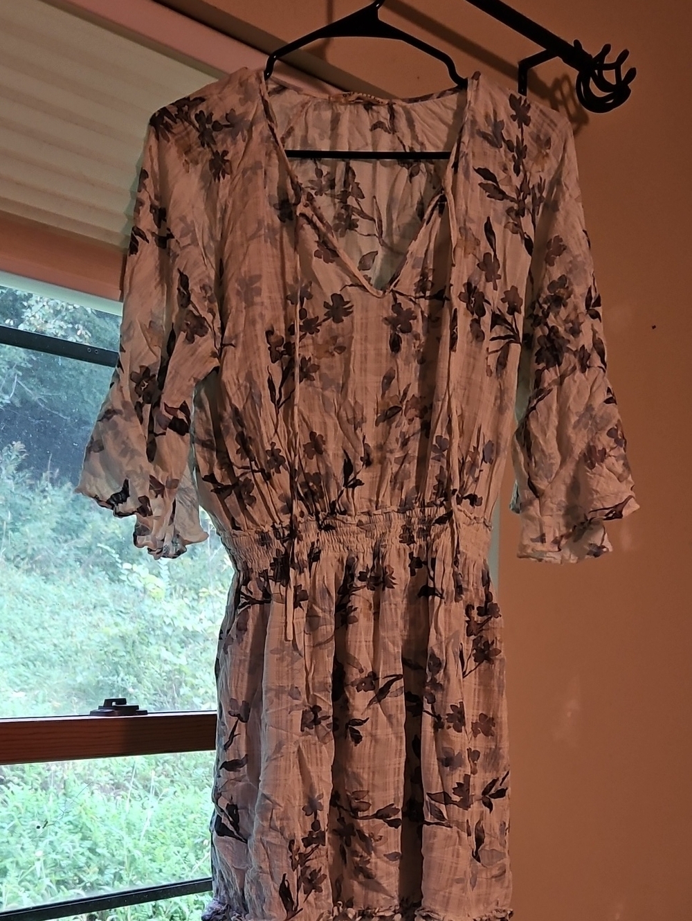 Love Stitch White Floral V-Neck Smocked Waist Long Sleeve Dress with Blue Print